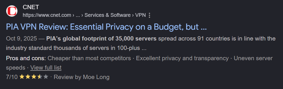 CNET stating PIA's global footprint is 35,000 servers in 91 countries