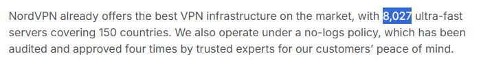 NordVPN FAQ answer stating they have 8,027 servers in 150 countries