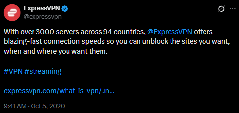 Tweet from ExpressVPN stating they have over 3000 servers across 94 countries