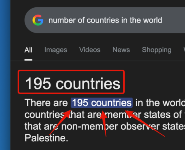 Google search stating there are 195 countries in the world