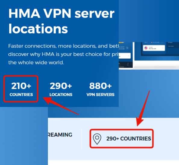 Screenshot showing HideMyAss website claiming presence in 210+ countries, and 290+ countries elsewhere.