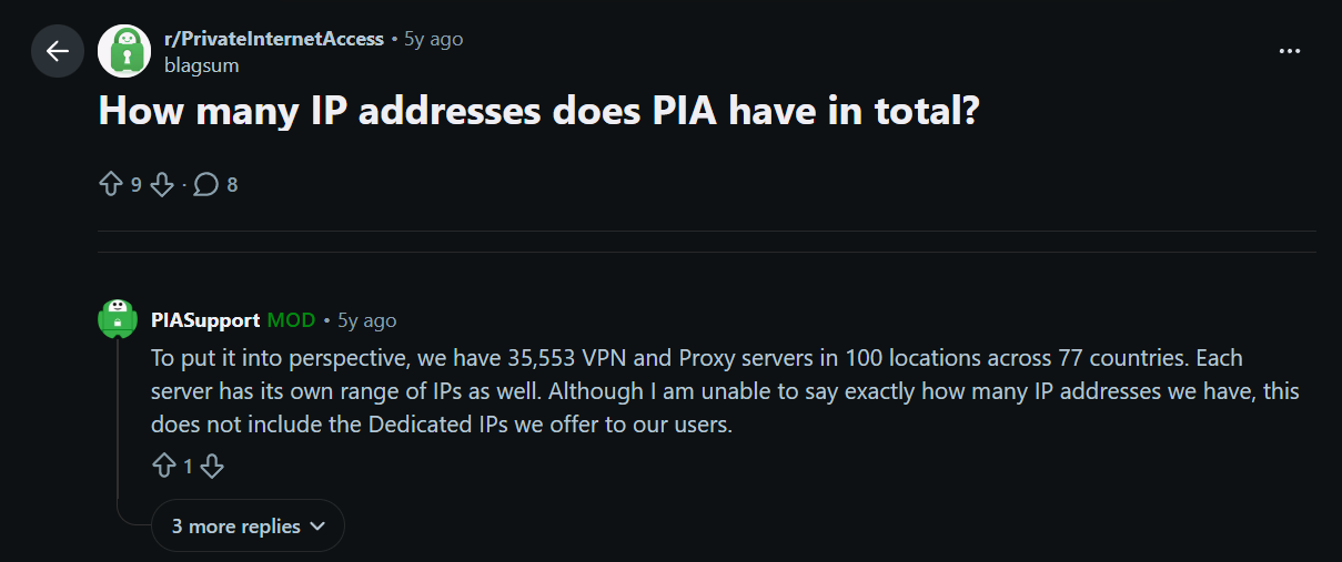 Reddit comment from PIA support stating they have 35,553 VPN and proxy servers