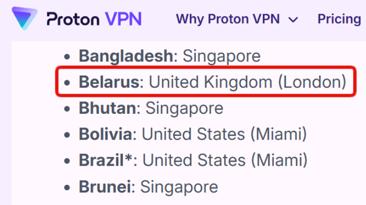 Proton VPN's Smart Routing page attributing their Belarus location to a UK datacenter