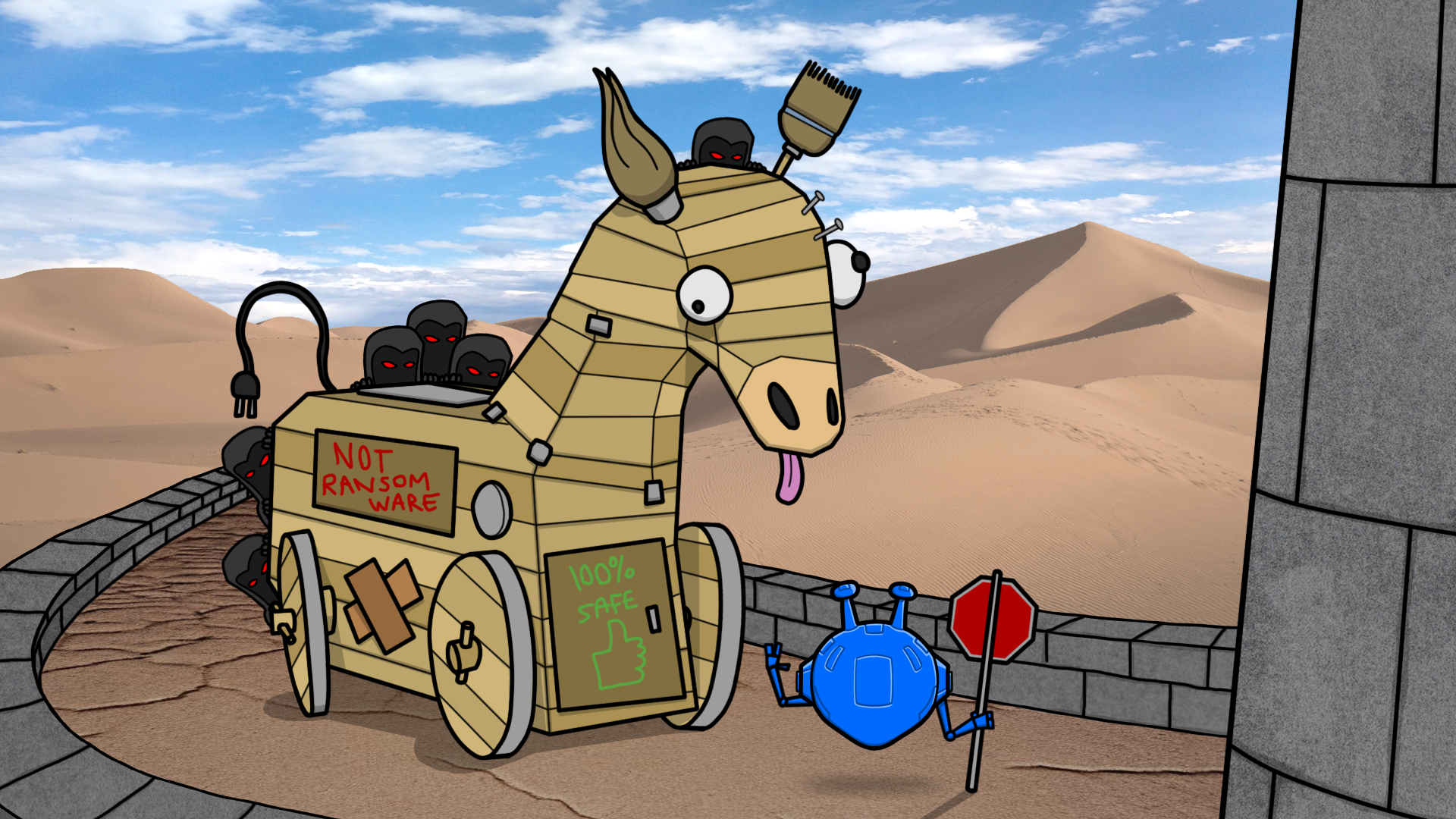 Cartoon of a poorly-made Trojan horse is prevented from entering the castle by Windscribe's Garry.