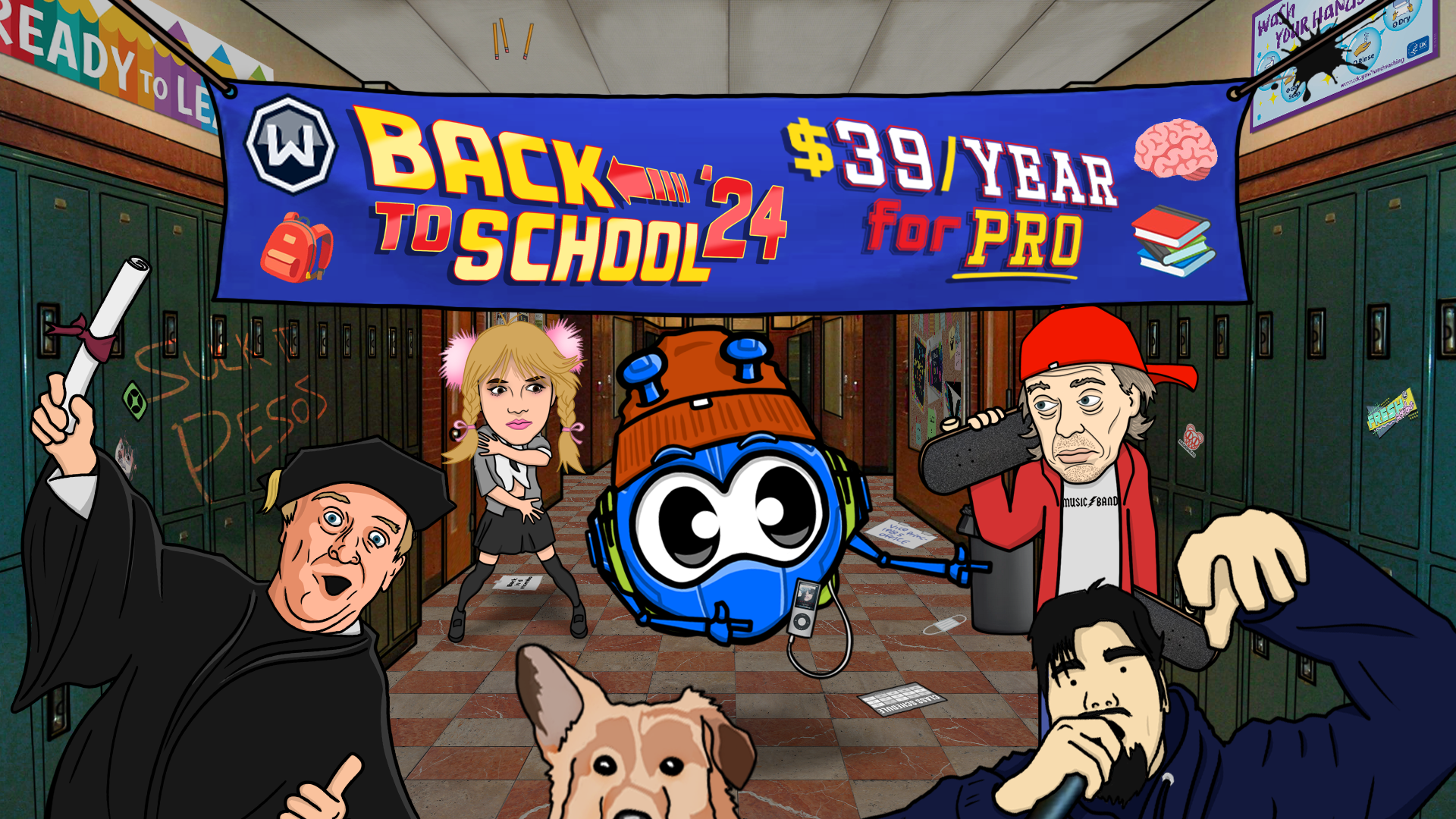 Illustration of a school hallway with various characters in hanging out and a banner advertising $39/year for Pro