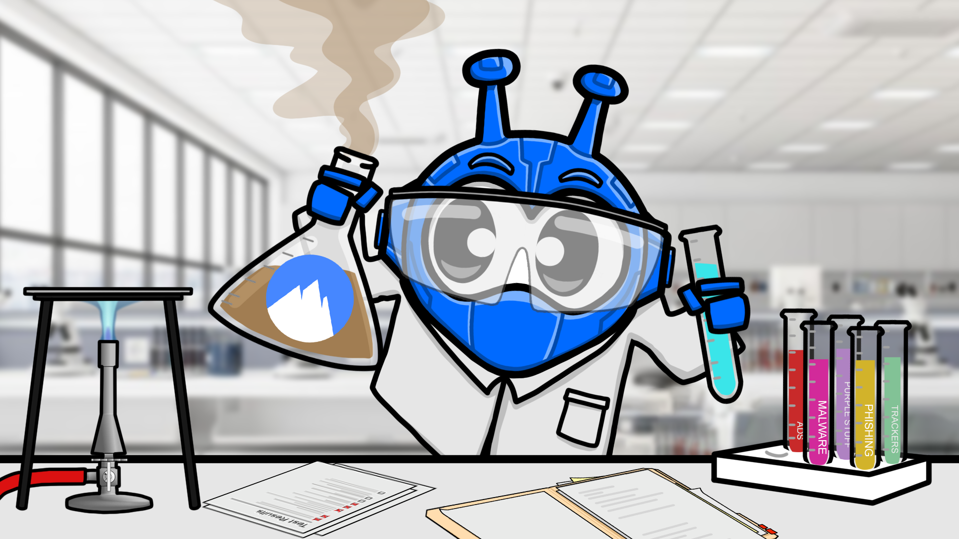 Garry in the science lab holding beakers and test tube. The Nord beaker is brown and gross.