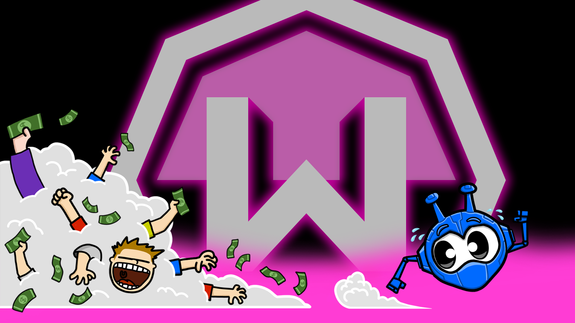 Illustration of folks running after Garry with money in their hands