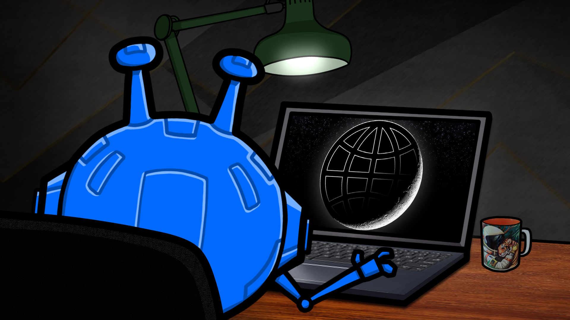 Shadowy image of Garry on a laptop with darkened logo of web on screen