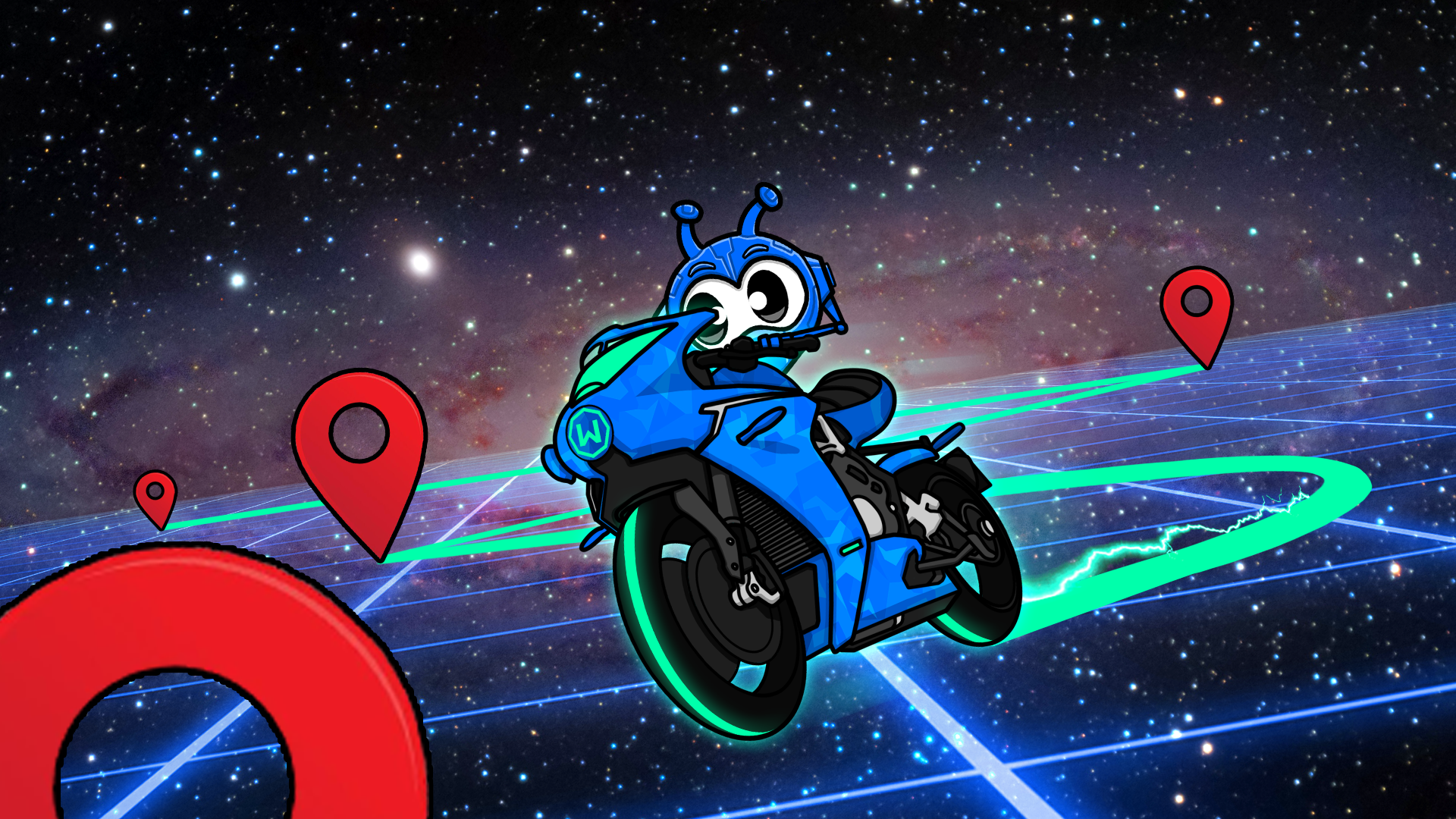 Garry on a motorbike in space with pins on a map