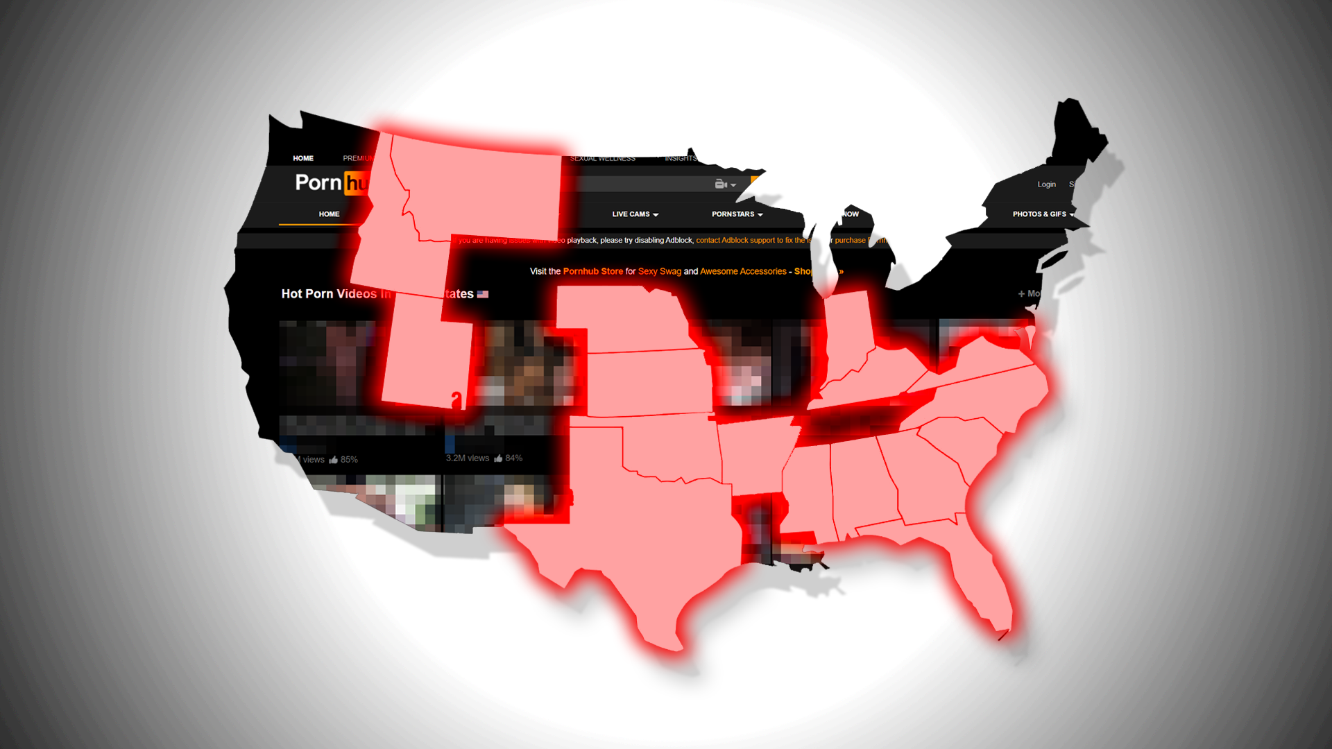 Image of US map, showing which states have banned Pornhub