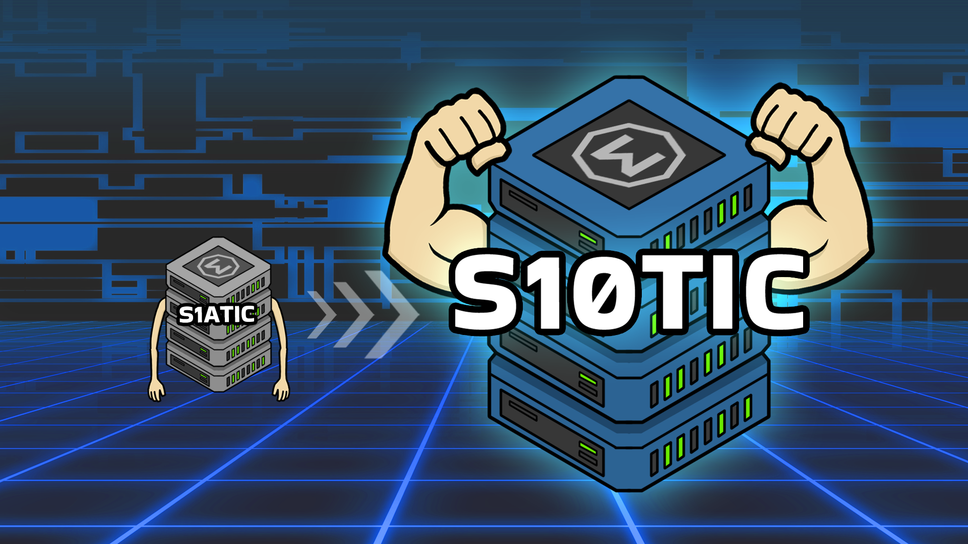 Illustration of a little weak static IP server stack next to a big strong 10 Gbps static IP server stack