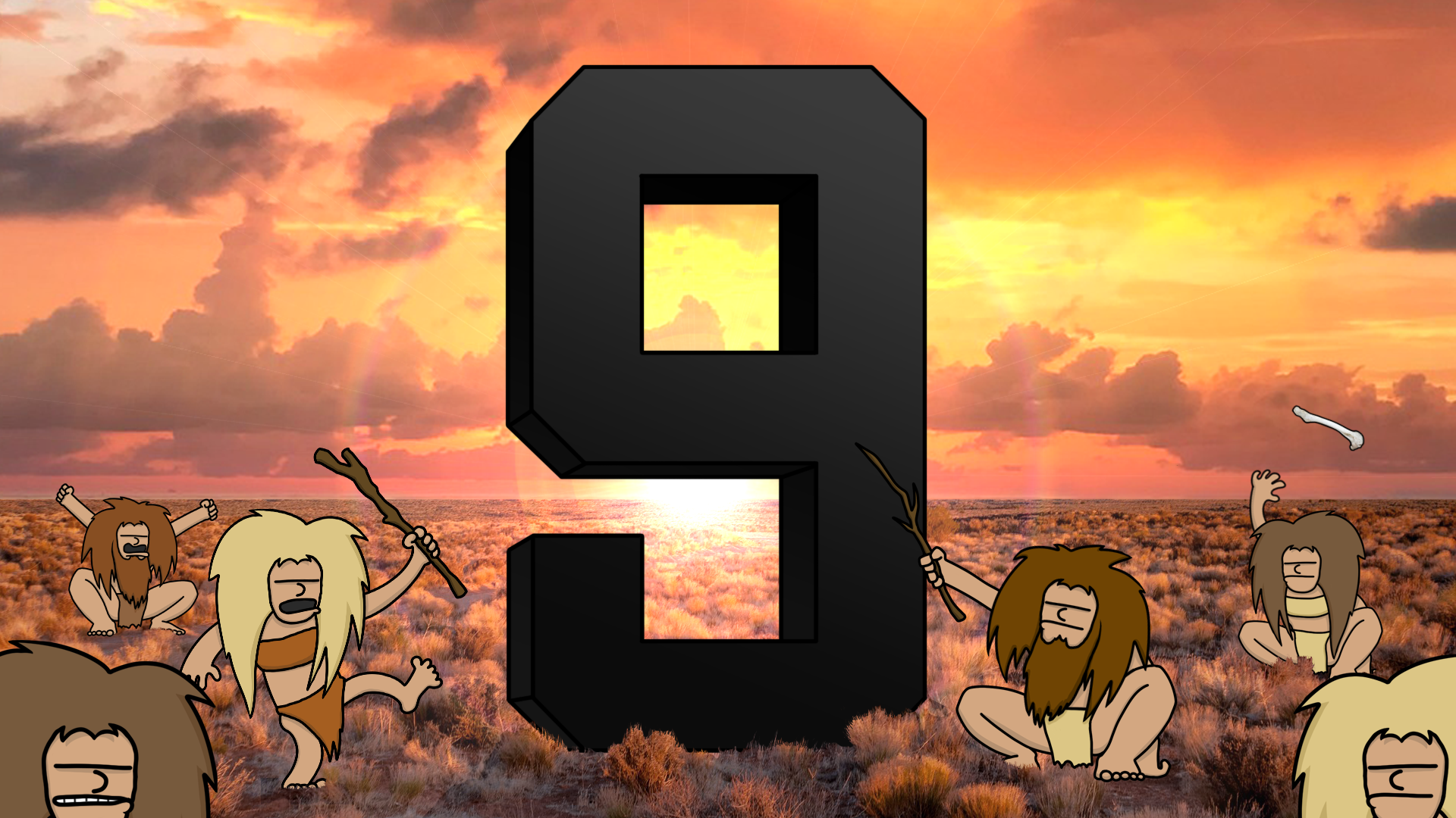 Big number 9 with illustrations of cave people surrounding it in celebration on Windscribe's 9 Year Anniversary