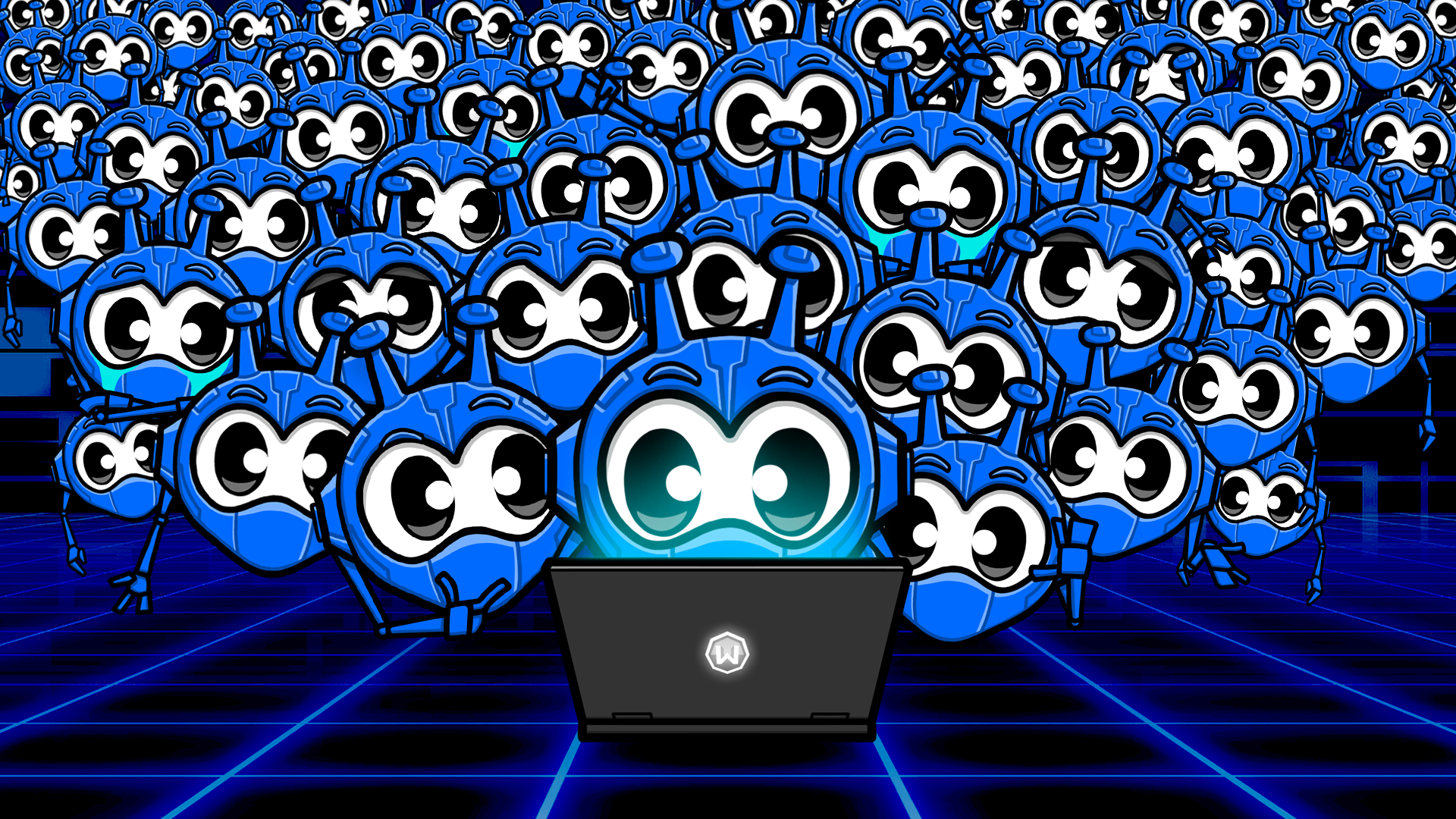 Illustration of infinite Garry mascots lined up to use a computer