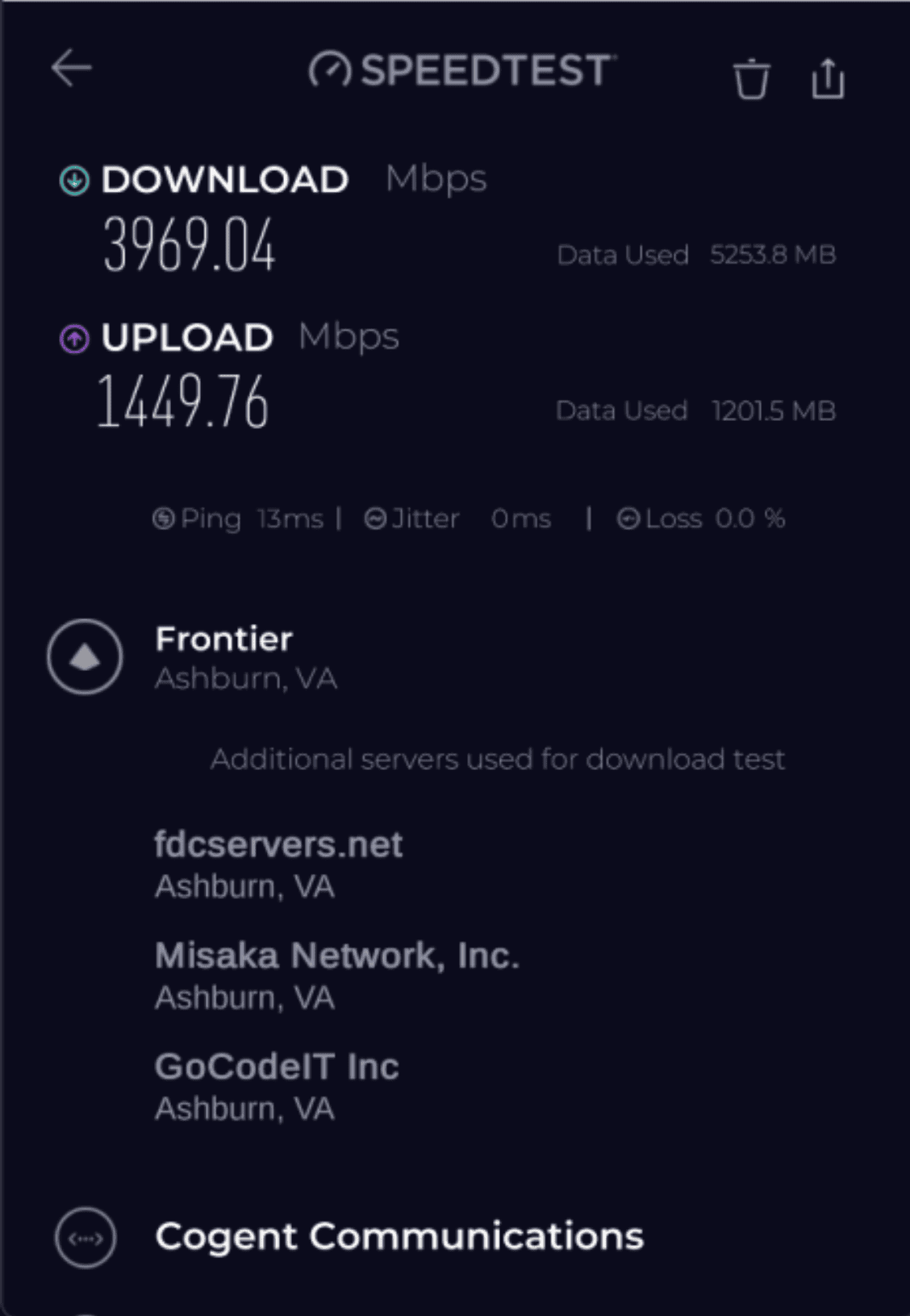 Speedtest result: 3,969 Mbps down, 1,449 Mbps up, Frontier Ashburn VA
