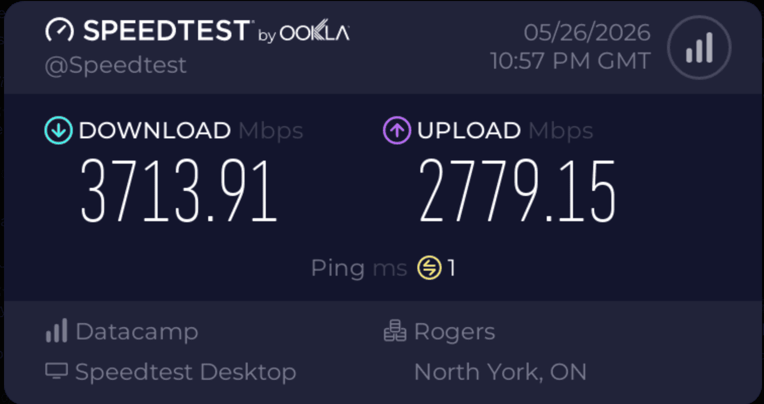 Speedtest result: 3,713 Mbps down, 2,779 Mbps up, Rogers North York ON