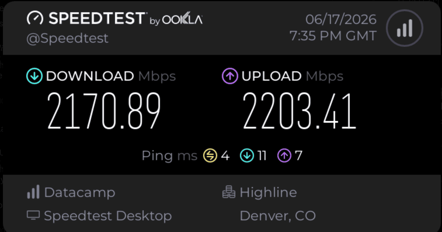 Speedtest result: 2,170 Mbps down, 2,203 Mbps up, Highline Denver CO