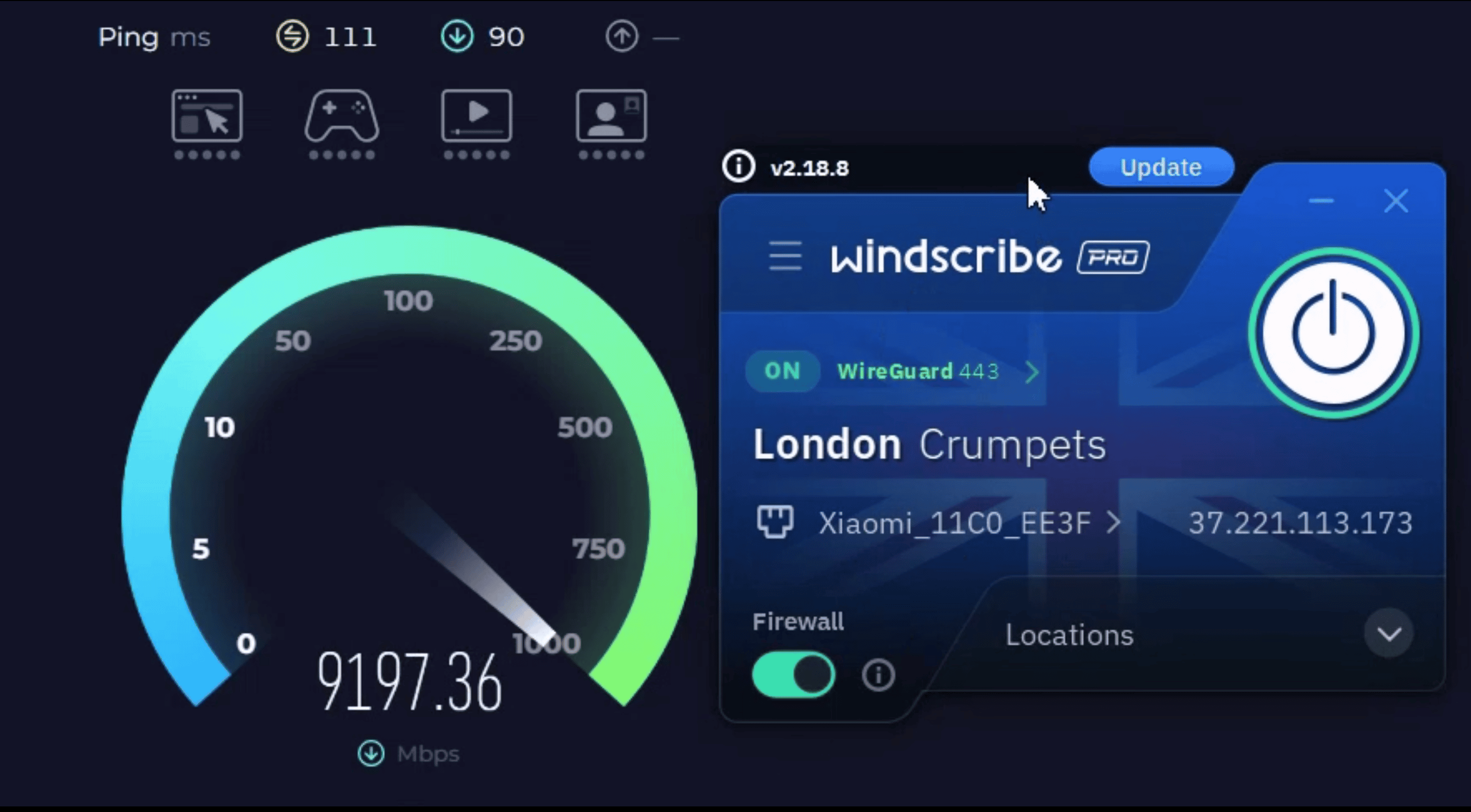 Speed test showing 9,197 Mbps download with Windscribe connected to London via WireGuard