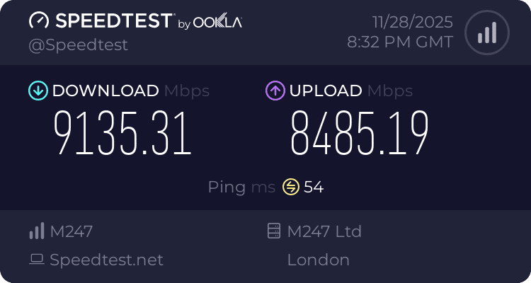 Speedtest result: 9,135 Mbps down, 8,485 Mbps up, London M247