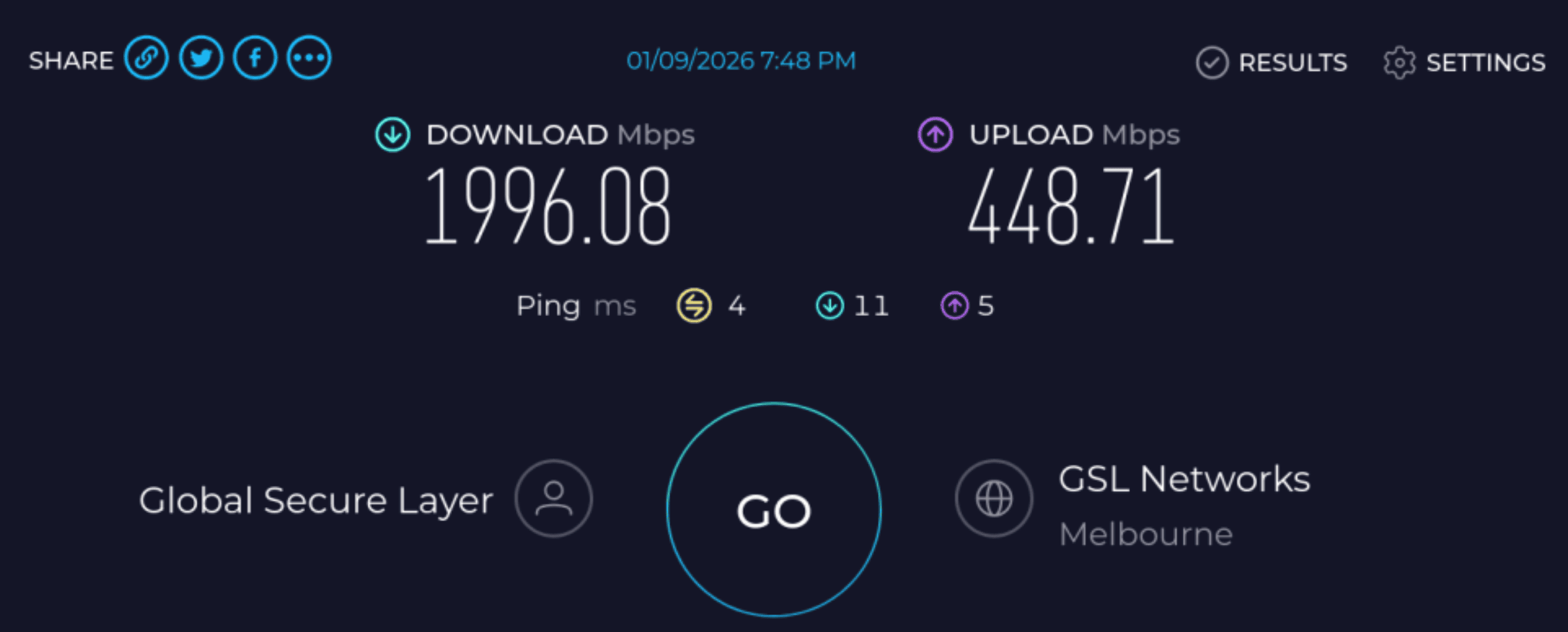 Speedtest result: 1,996 Mbps down, GSL Networks Melbourne