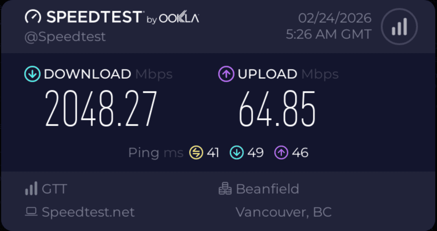 Speedtest result: 2,048 Mbps down, Beanfield Vancouver BC