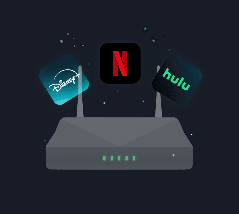 Wi-Fi-Router mit Symbolen der Streaming-Dienste Disney+, Netflix und Hulu