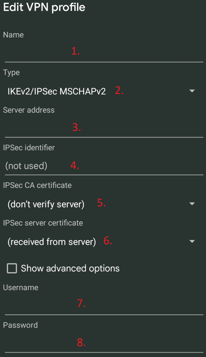 حقول ملف تعريف IKEv2 VPN المدمج في Android والمرقمة من واحد إلى ثمانية