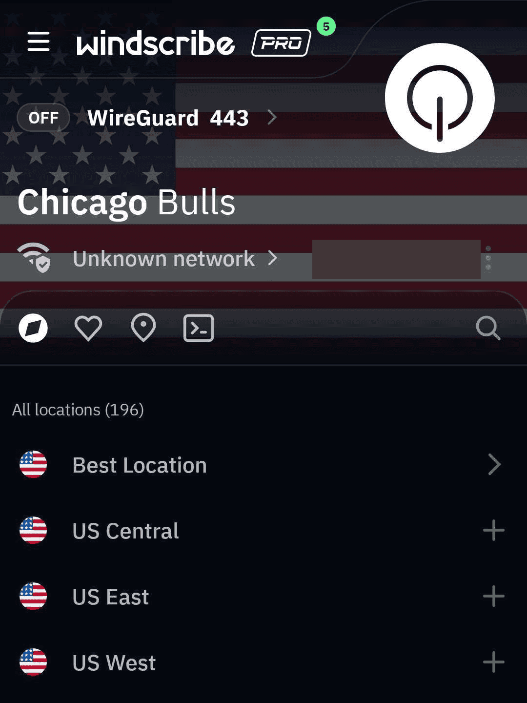 切断中のWindscribe Androidロケーション画面（公開IPアドレスはマスキング済み）