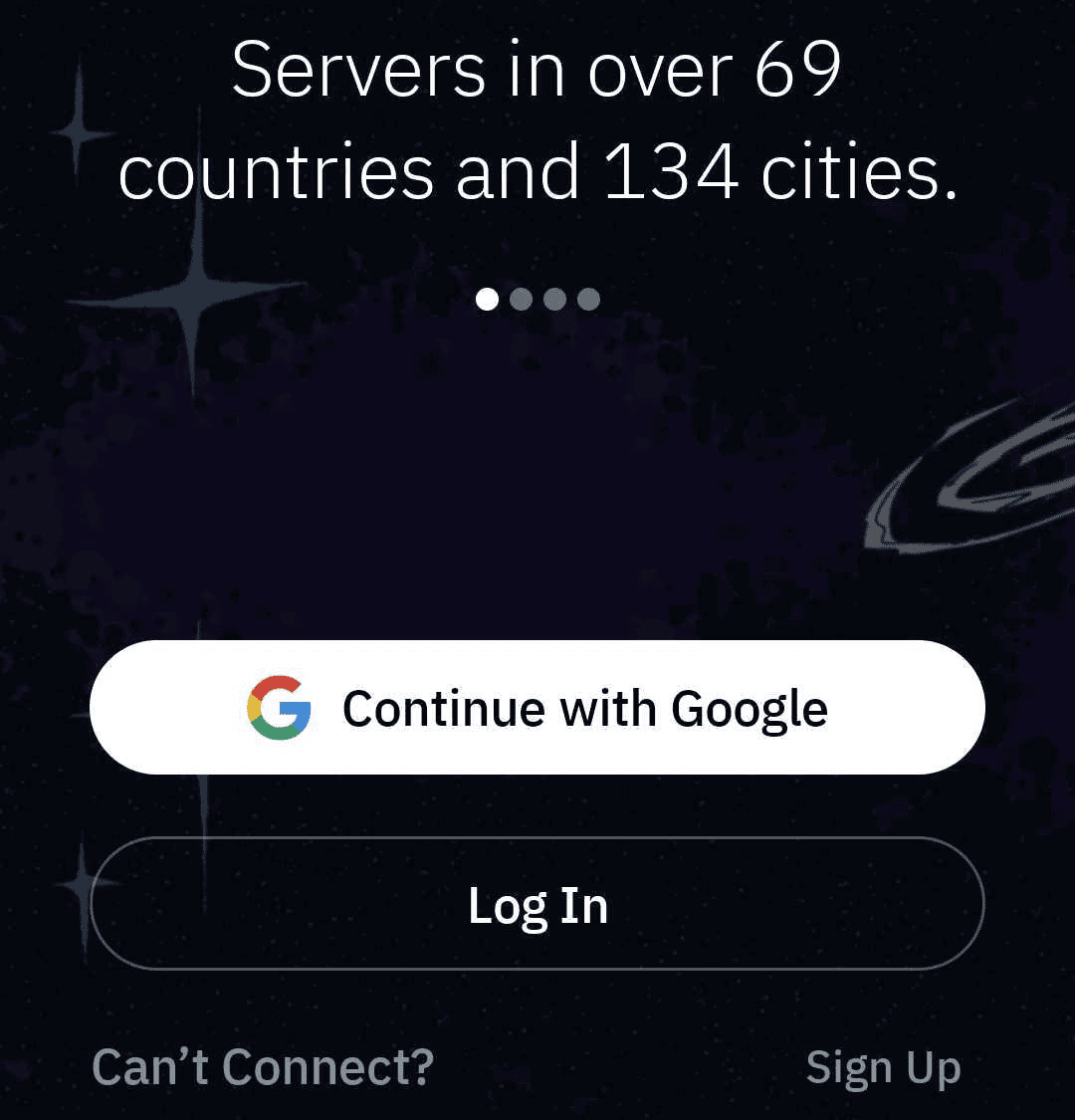 Googleでのサインイン、ログイン、新規登録の各オプションが表示されたAndroid版Windscribeのようこそ画面