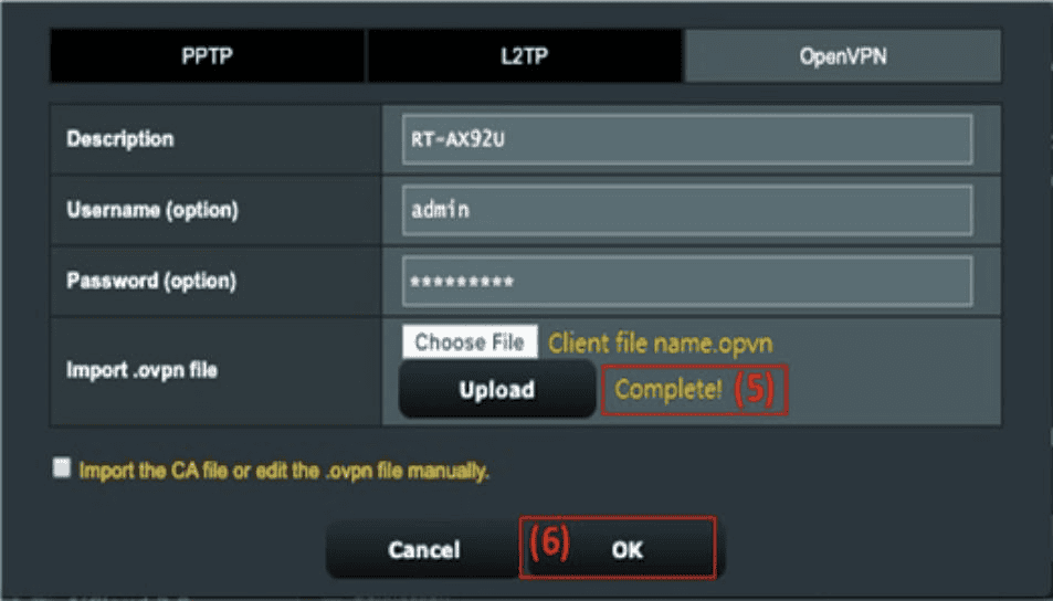 Legacy ASUS VPN Client OpenVPN profile showing a completed configuration upload