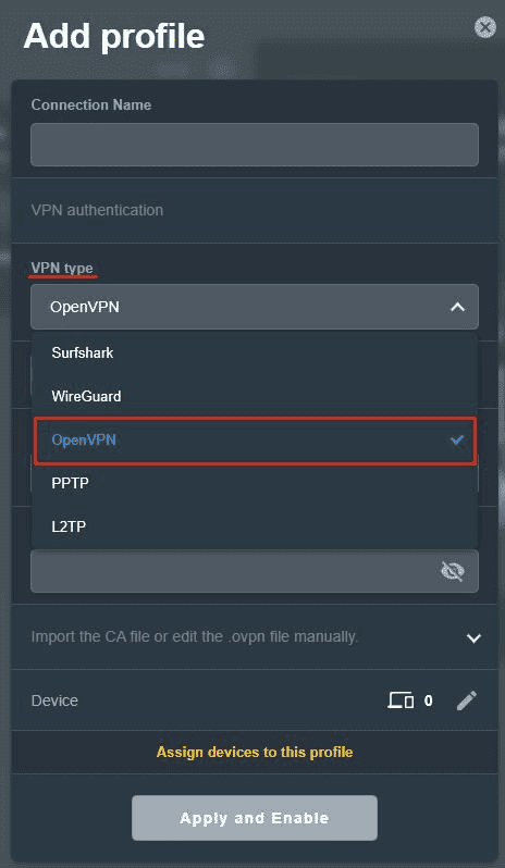 ASUS VPN Fusion profile dialog with OpenVPN selected in the VPN type menu