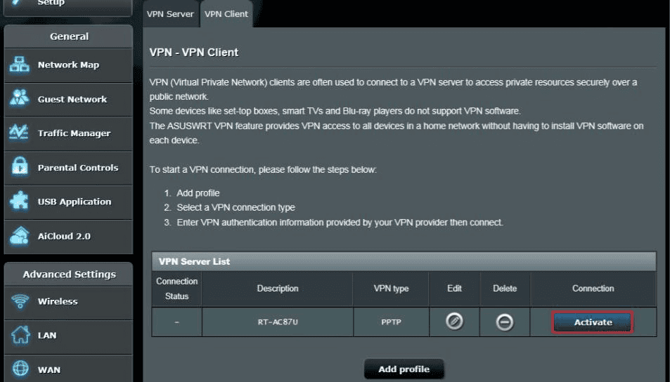 Legacy ASUS VPN Client profile list with the Activate button highlighted