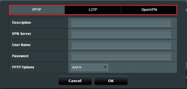 Legacy ASUS VPN Client profile dialog showing PPTP, L2TP, and OpenVPN tabs