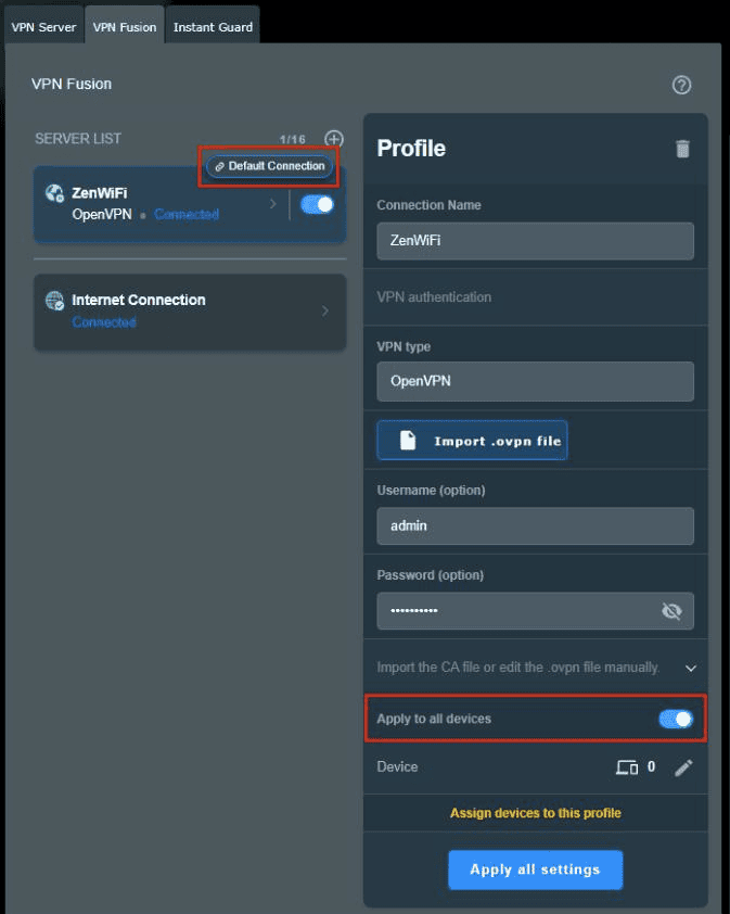 Connected ASUS VPN Fusion profile with Apply to all devices enabled