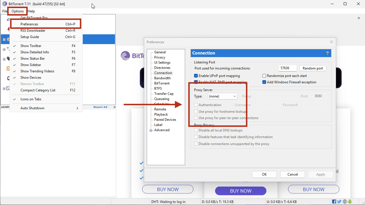 Panel Options > Preferences > Connection de BitTorrent Classic con Proxy Type en (none)