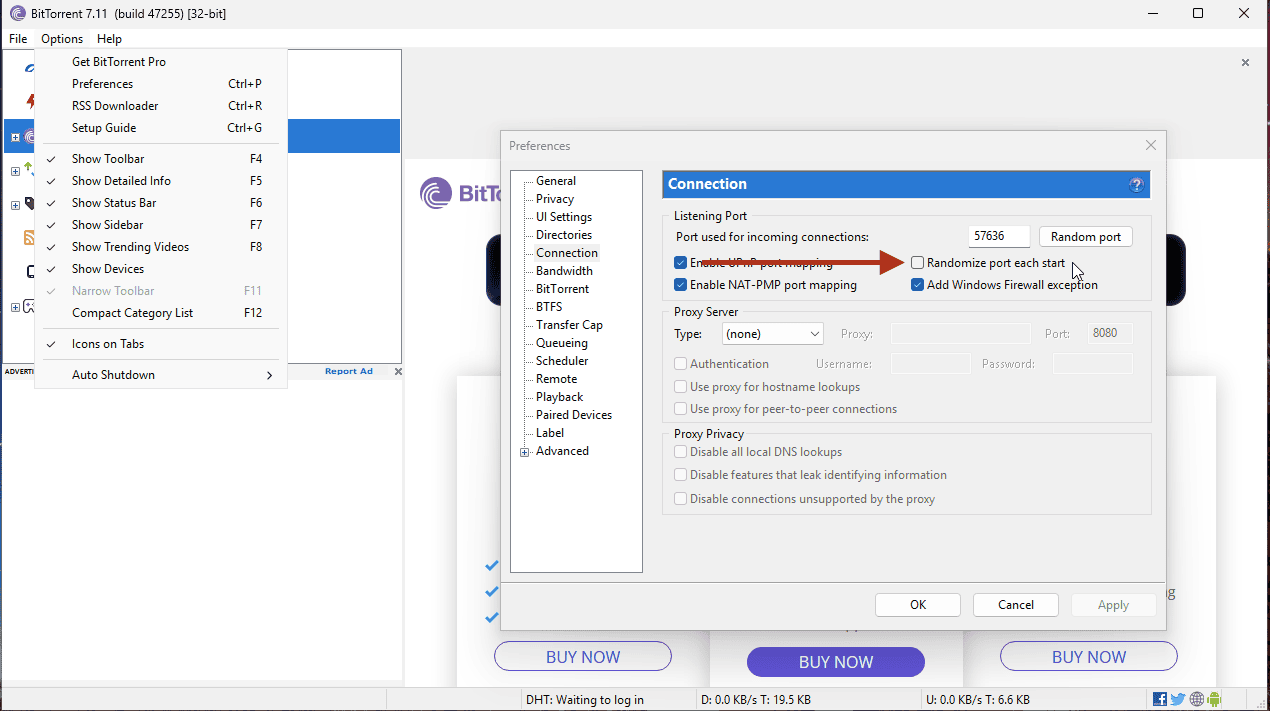 Preferencias de Connection de BitTorrent Classic con la opción Randomize port each time BitTorrent starts desmarcada
