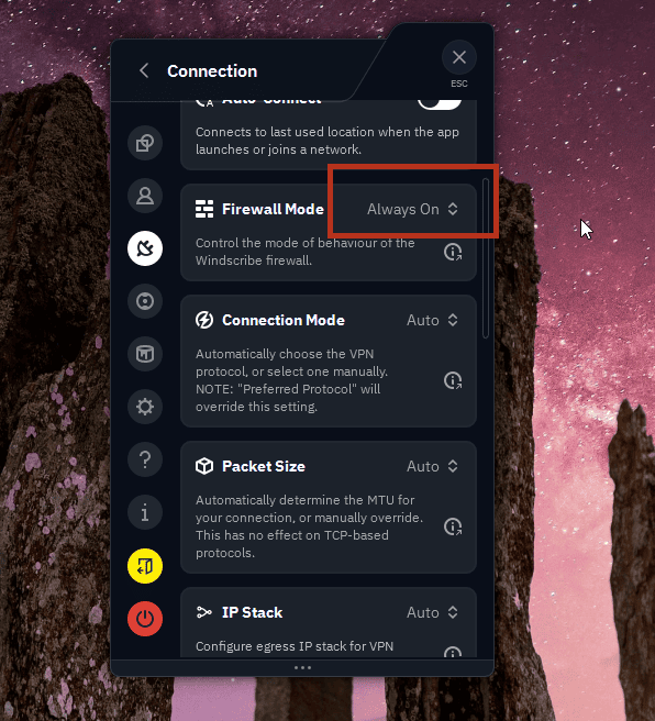 Windscribe Preferences with Firewall Mode set to Always On