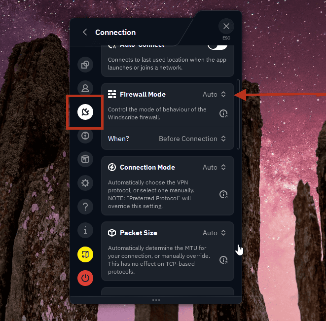 Windscribe Preferences with Firewall Mode set to Auto, the default