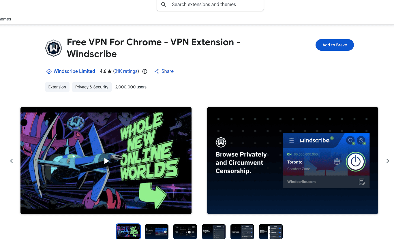 Windscribe-Eintrag im Chrome Web Store, angezeigt in Brave