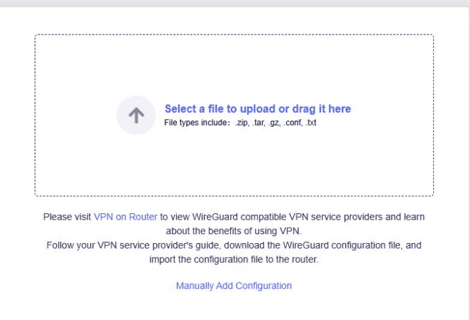 GL.iNet WireGuard Client upload area accepting a conf file
