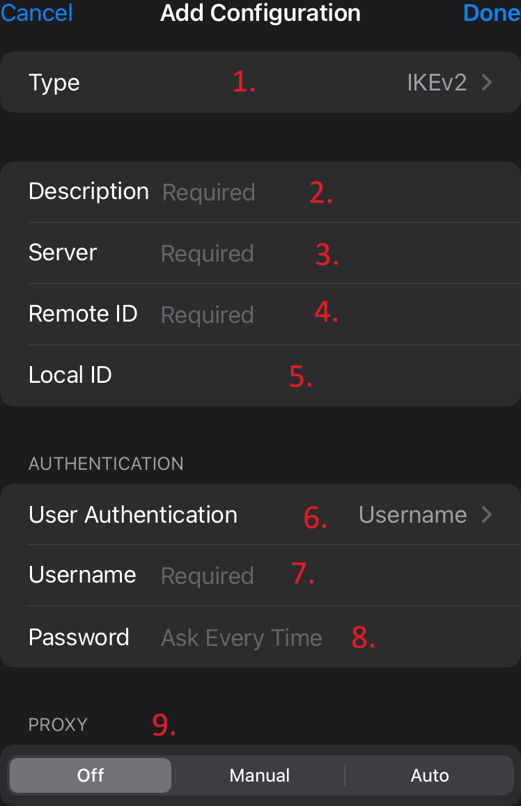 حقول إعداد IKEv2 VPN المدمج في iOS والمرقمة من واحد إلى تسعة