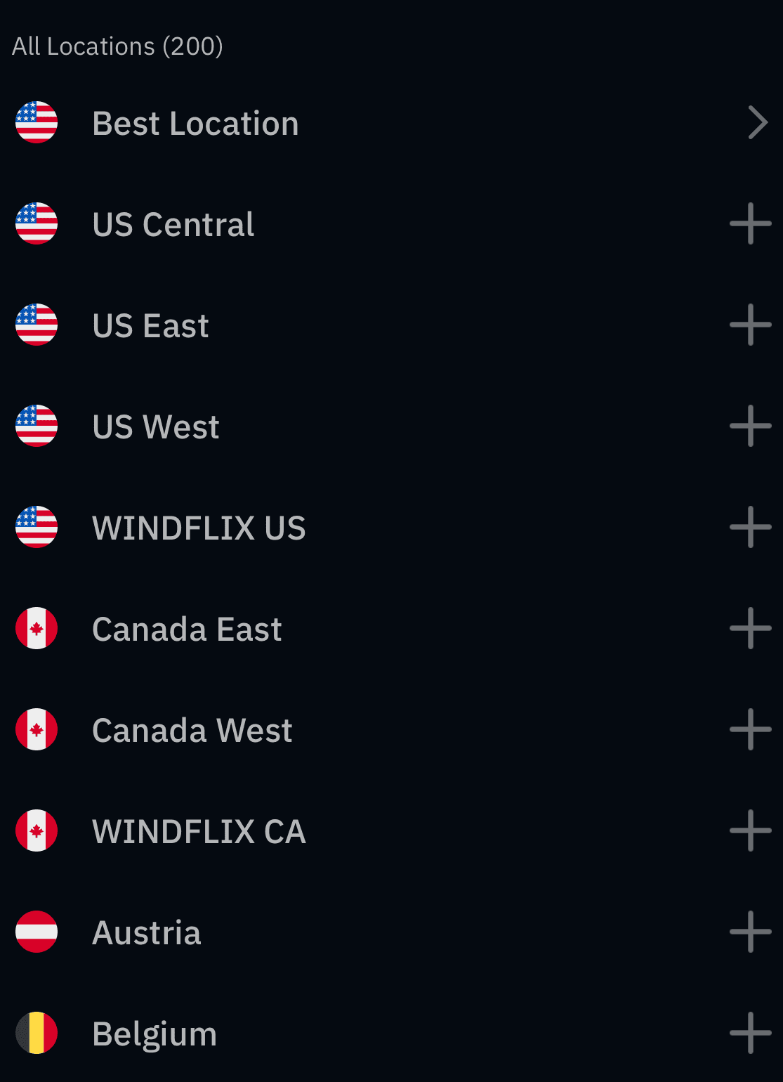 iPhoneのWindscribe Locationsリストに地域とロケーショングループが表示されている様子