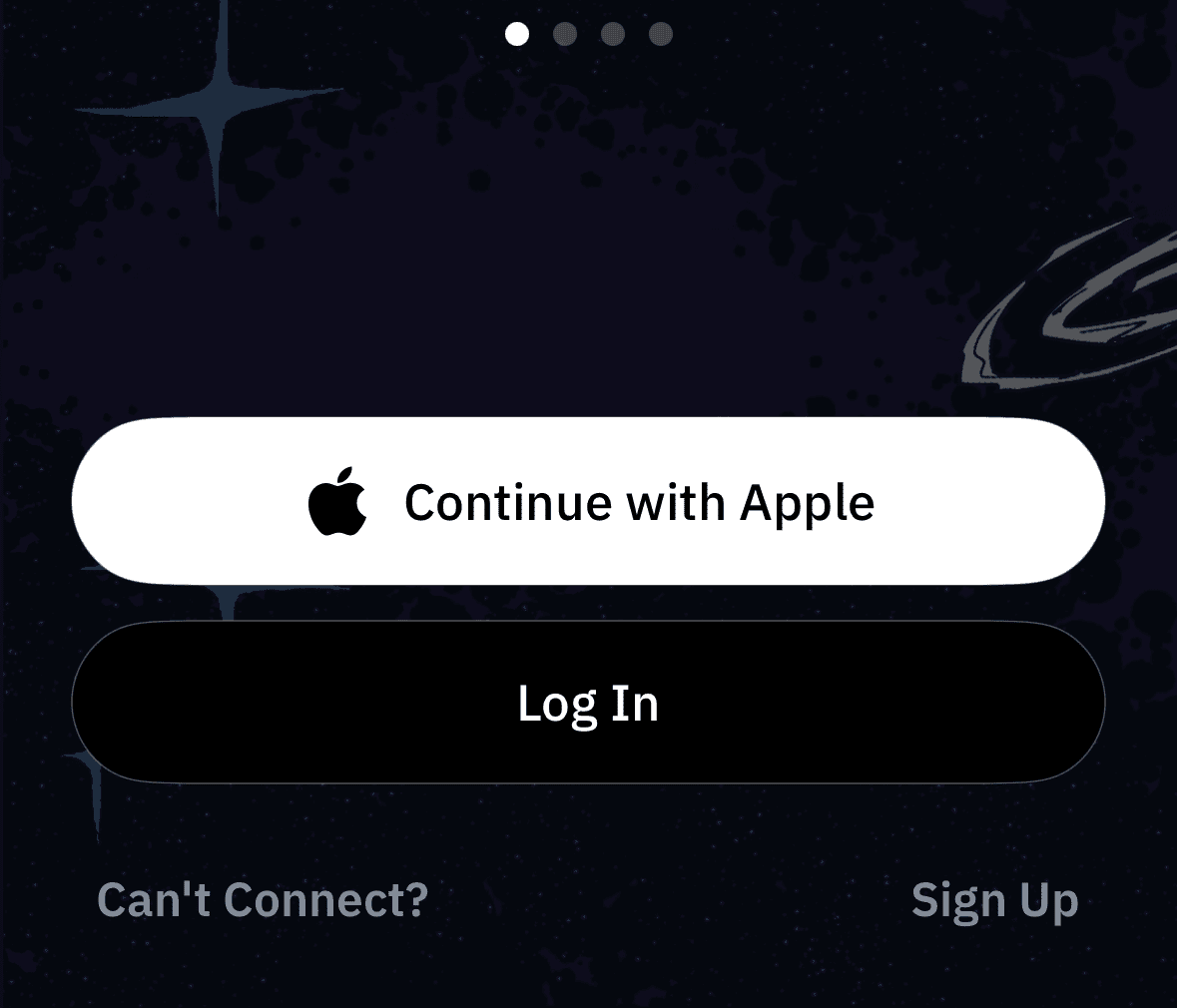 iPhoneのWindscribeウェルカム画面にContinue with Apple、Log In、Sign Upの選択肢が表示されている様子