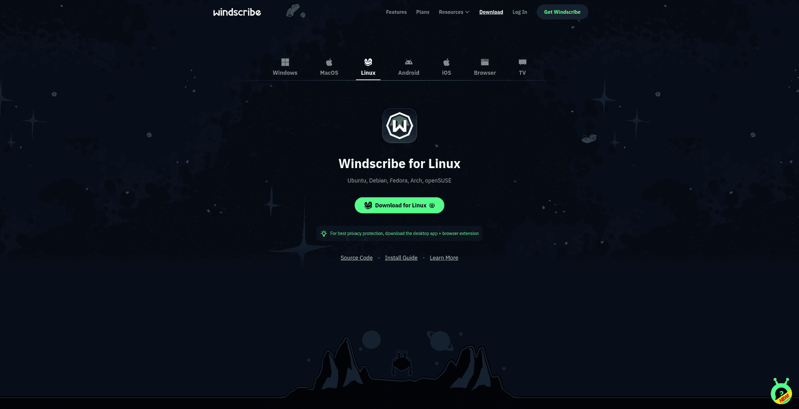 Linuxが選択され、「Download for Linux」ボタンが表示されているWindscribeダウンロードページ