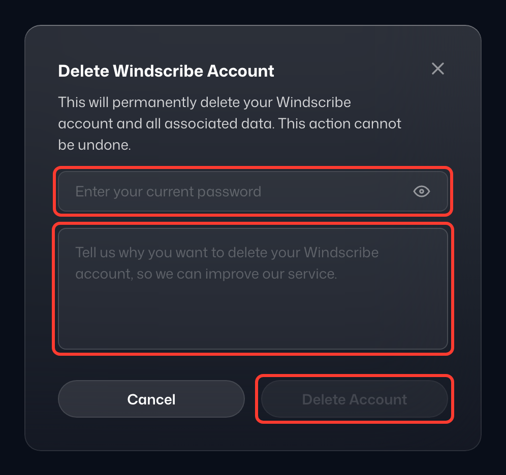 Окно «Удалить аккаунт Windscribe» с выделенными полем пароля, полем причины и кнопкой «Удалить аккаунт»