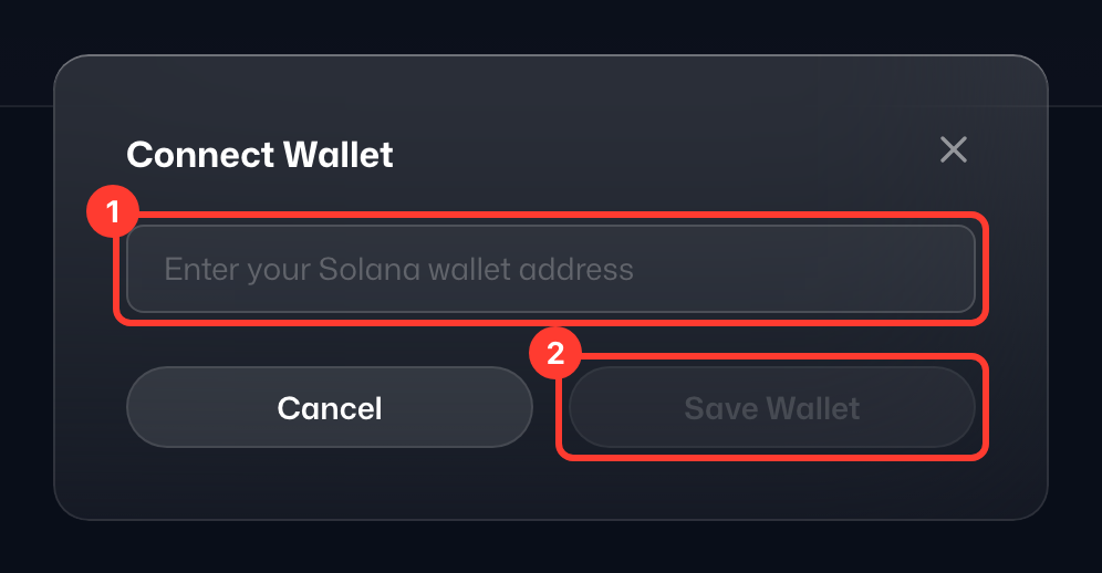نافذة إضافة عنوان محفظة Solana الخاصة بك