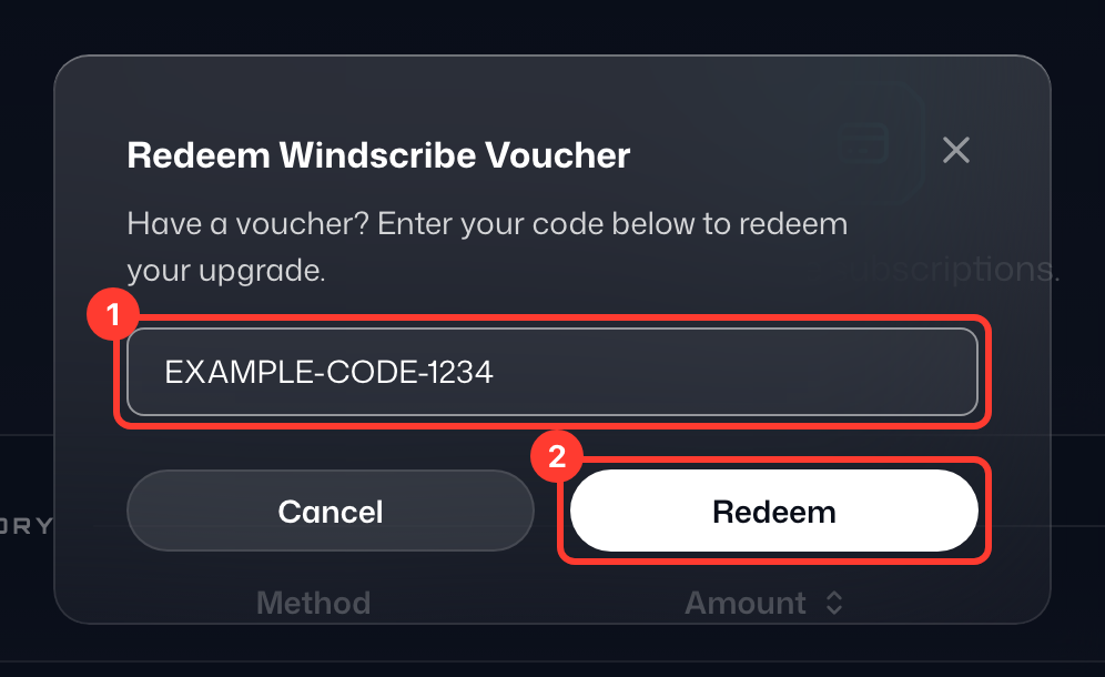 Окно «Активация ваучера Windscribe» с введённым кодом