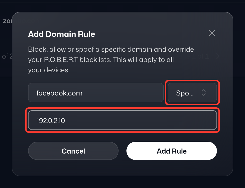 A janela Adicionar regra de domínio com facebook.com digitado, Falsificar selecionado e 192.0.2.10 como IP de falsificação