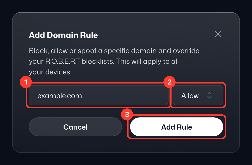 Finestra Aggiungi regola dominio con example.com inserito e Consenti selezionato