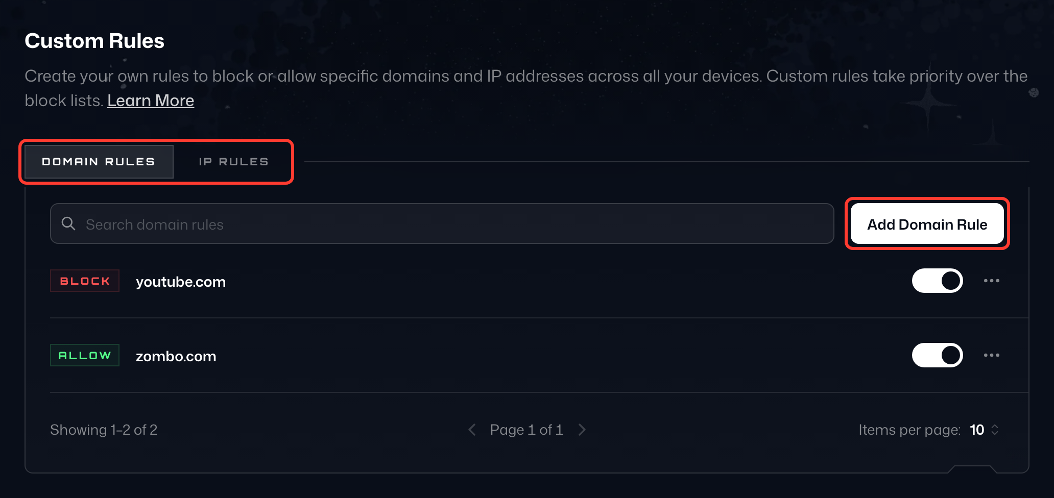 A aba Regras personalizadas em Minha conta com Regras de domínio selecionado, mostrando uma regra Bloquear para youtube.com e uma regra Permitir para zombo.com