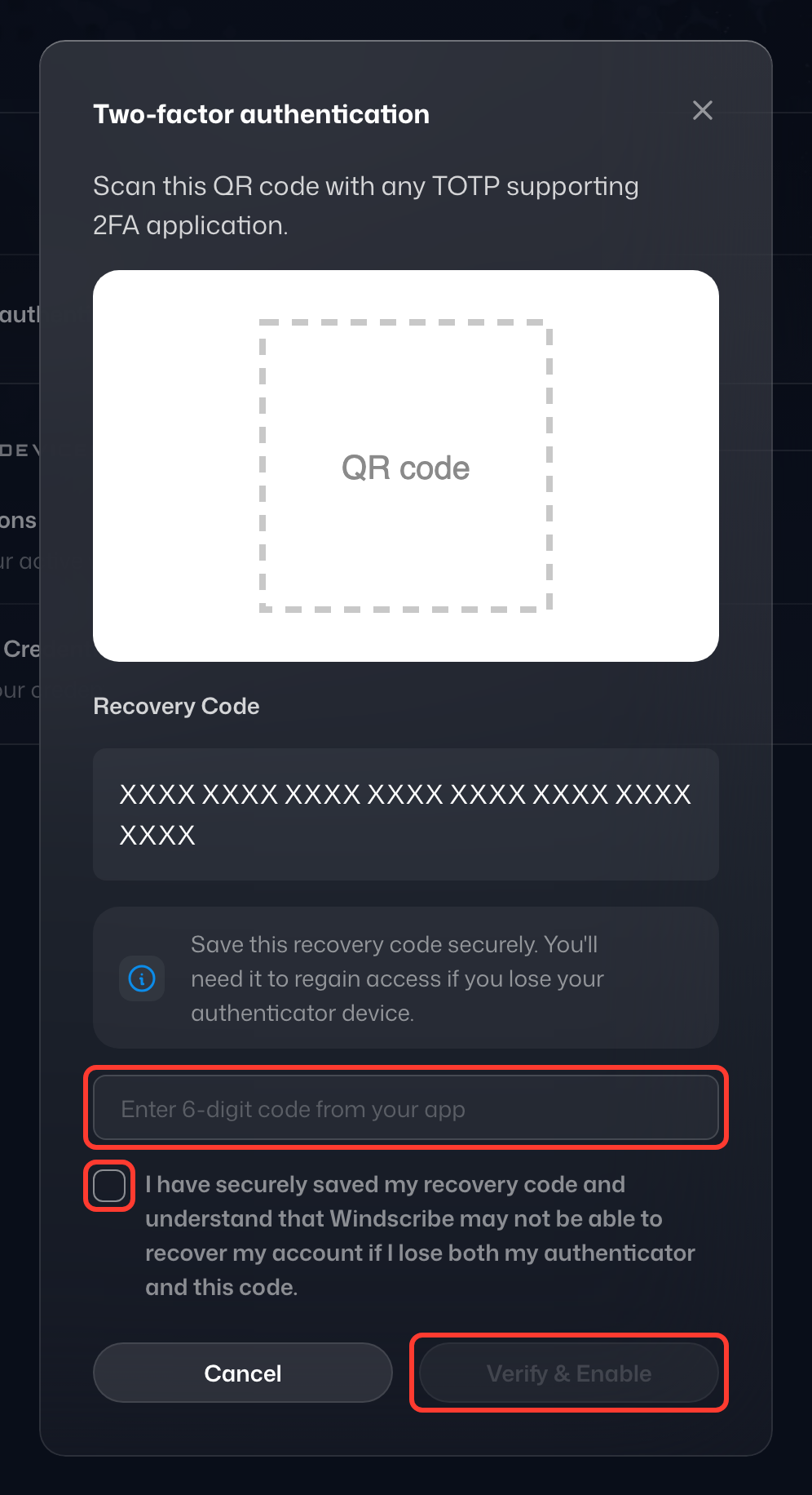 Шаг с QR-кодом в окне двухфакторной аутентификации, с выделенными полем «Код подтверждения», флажком подтверждения и кнопкой «Проверить и включить»